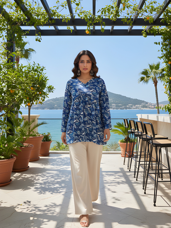 Women’s Blue Rayon Printed Fancy Tunic Top