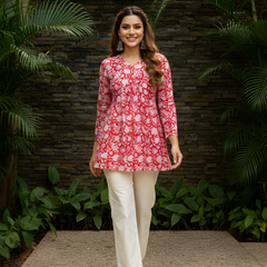 Women’s Red Cotton Printed Flared Short Kurti Tunic