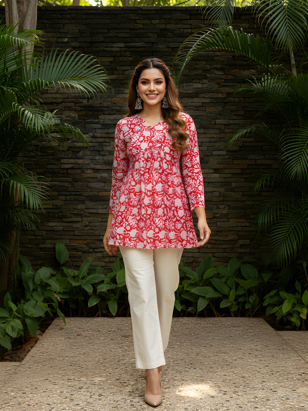 Women’s Red Cotton Printed Flared Short Kurti Tunic
