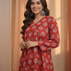 Women’s Red Cotton Printed Fancy Tunic Top