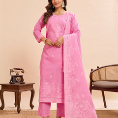 Women's Pure Cotton Jacquard Kurta With Pant & Cotton Dupatta Set