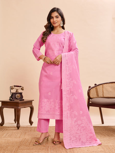 Women's Pure Cotton Jacquard Kurta With Pant & Cotton Dupatta Set