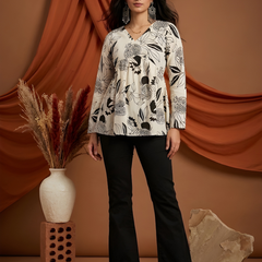 Women’s White-Black Cotton Printed Flared Kurti