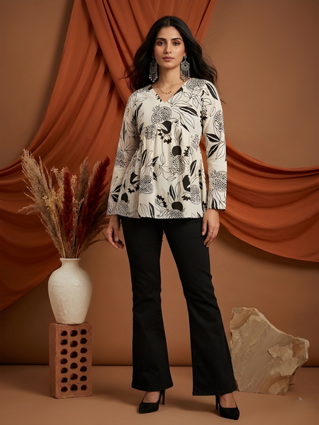 Women’s White-Black Cotton Printed Flared Kurti
