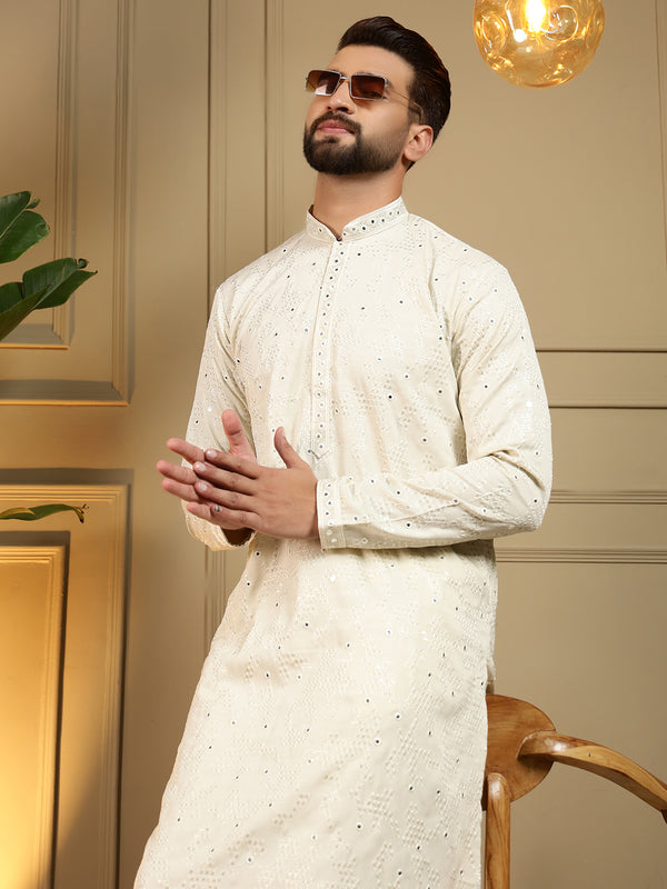 Men’s Heavy Khadi Cotton Mirror Work Kurta with Semi Cotton Chudidar