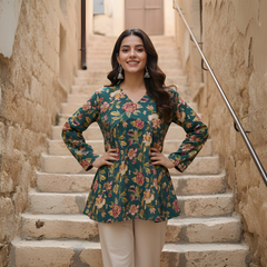 Women’s Green Cotton Printed Fancy Tunic Top
