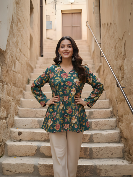 Women’s Green Cotton Printed Fancy Tunic Top