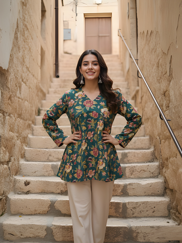 Women’s Green Cotton Printed Fancy Tunic Top