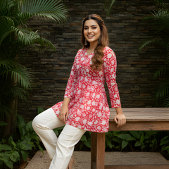 Women’s Red Cotton Printed Flared Short Kurti Tunic