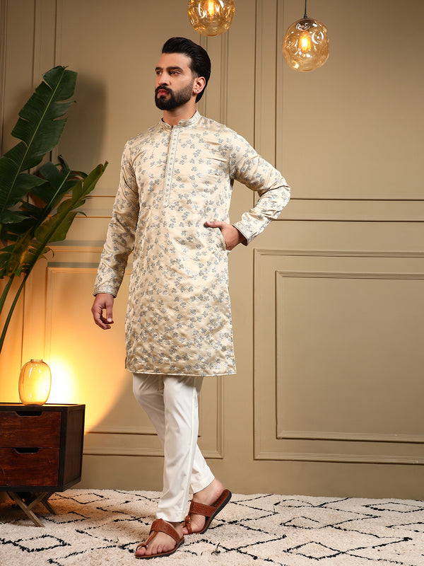 Men’s Royal Silk Sequence Embroidered Kurta with Semi Cotton Chudidar