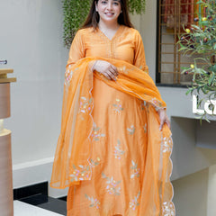 Women's Muslin Embroidered Kurta with Pant & Organza Dupatta Set