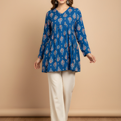 Women’s Blue Cotton Printed Flared Short Kurti Tunic