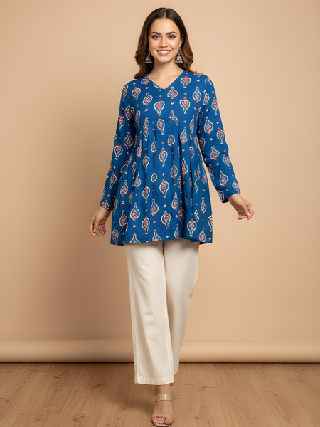 Women’s Blue Cotton Printed Flared Short Kurti Tunic