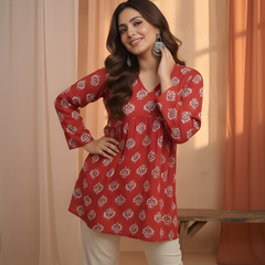 Women’s Red Cotton Printed Fancy Tunic Top