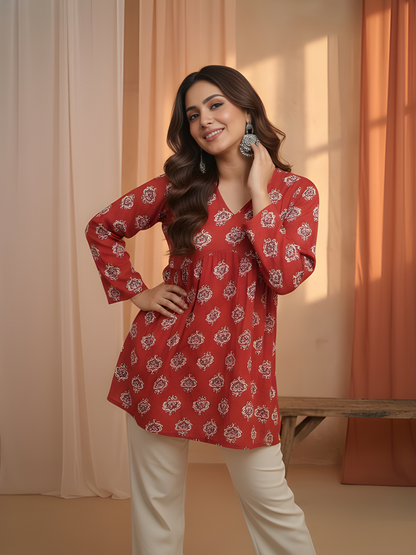 Women’s Red Cotton Printed Fancy Tunic Top