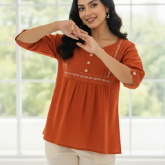 Women’s Rust Orange Embroidered Soft Cotton Fancy Top