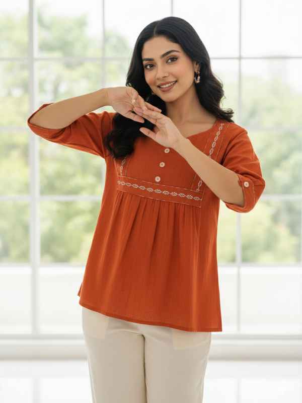 Women’s Rust Orange Embroidered Soft Cotton Fancy Top