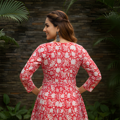 Women’s Red Cotton Printed Flared Short Kurti Tunic