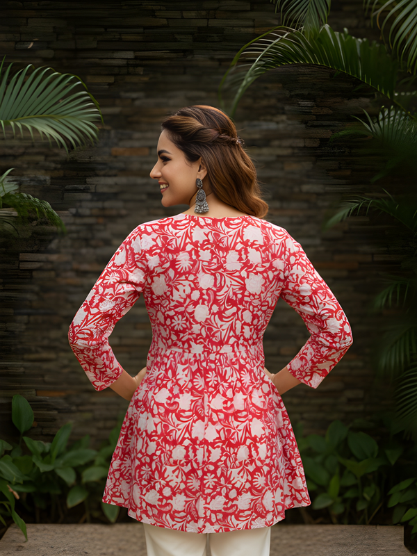 Women’s Red Cotton Printed Flared Short Kurti Tunic