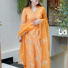 Women's Muslin Embroidered Kurta with Pant & Organza Dupatta Set