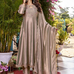 Women's Embroidered Vichitra Straight Kurta With Pant & Dupatta Set