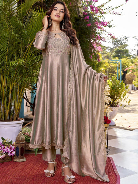 Women's Embroidered Vichitra Straight Kurta With Pant & Dupatta Set