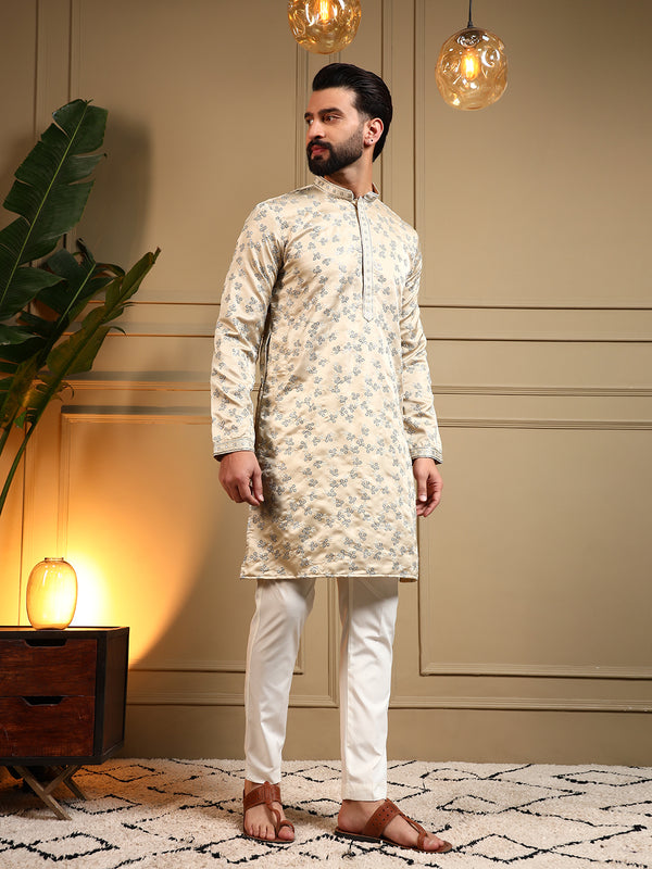 Men’s Royal Silk Sequence Embroidered Kurta with Semi Cotton Chudidar