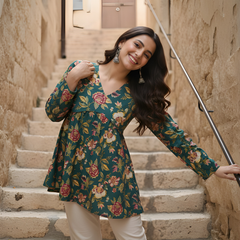 Women’s Green Cotton Printed Fancy Tunic Top