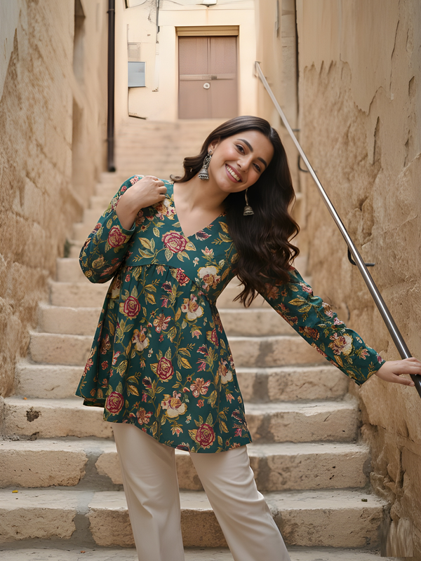 Women’s Green Cotton Printed Fancy Tunic Top