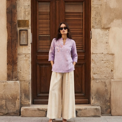 Women’s Lavender Linen Cotton Embroidered Split V-Neck Top