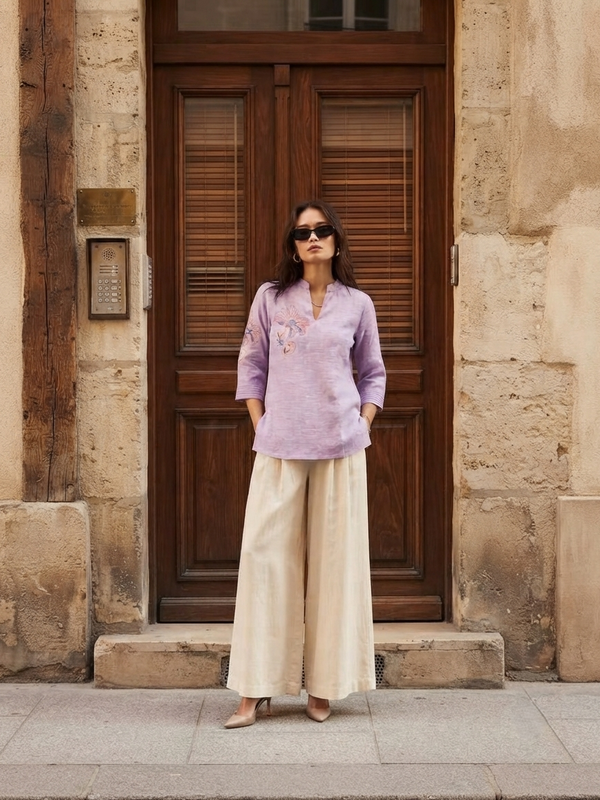 Women’s Lavender Linen Cotton Embroidered Split V-Neck Top