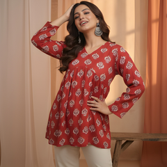 Women’s Red Cotton Printed Fancy Tunic Top