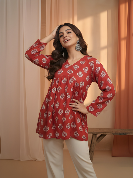 Women’s Red Cotton Printed Fancy Tunic Top