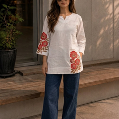 Women’s White Cotton DTF Printed V-Neck Fancy Top