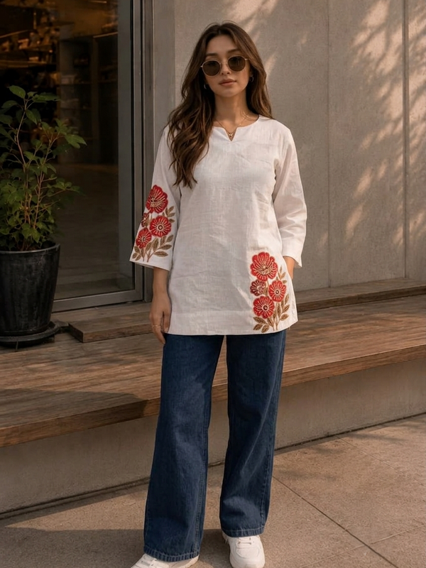 Women’s White Cotton DTF Printed V-Neck Fancy Top