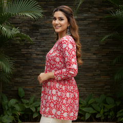 Women’s Red Cotton Printed Flared Short Kurti Tunic