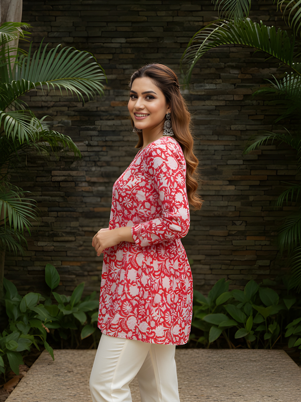 Women’s Red Cotton Printed Flared Short Kurti Tunic