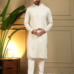 Men’s Heavy Khadi Cotton Mirror Work Kurta with Semi Cotton Chudidar