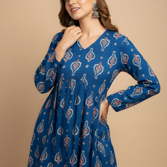 Women’s Blue Cotton Printed Flared Short Kurti Tunic