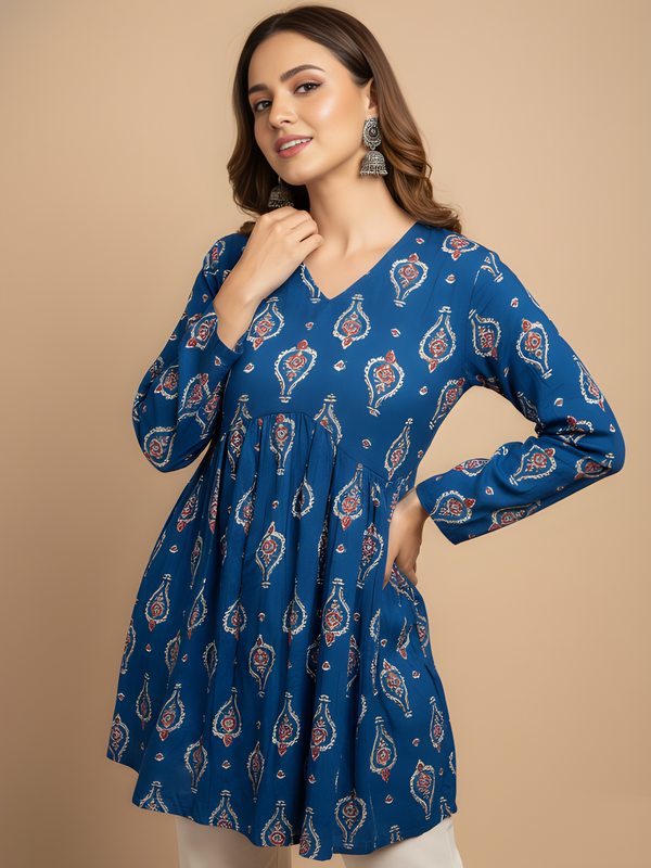 Women’s Blue Cotton Printed Flared Short Kurti Tunic