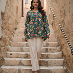 Women’s Green Cotton Printed Fancy Tunic Top