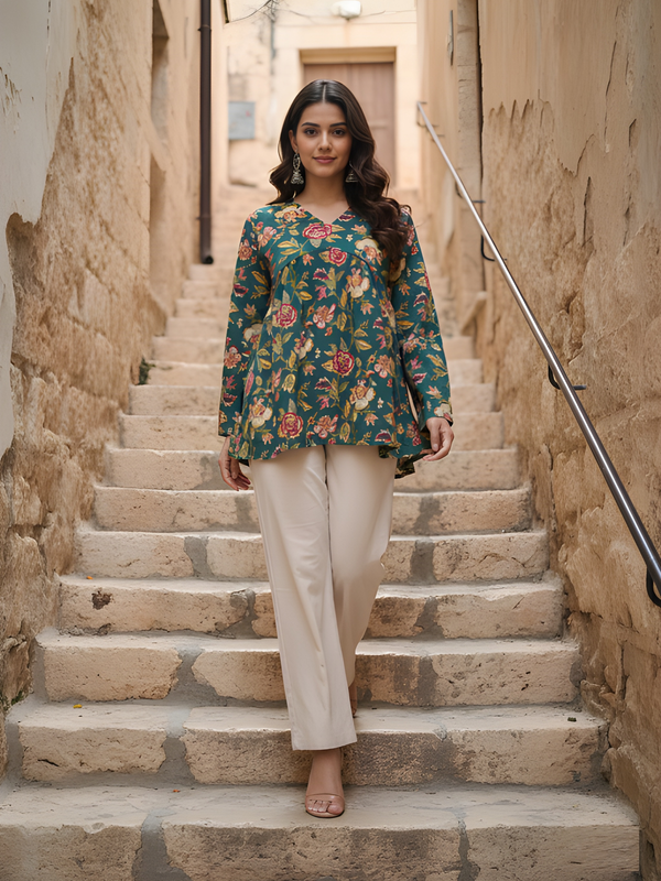 Women’s Green Cotton Printed Fancy Tunic Top
