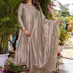 Women's Embroidered Vichitra Straight Kurta With Pant & Dupatta Set