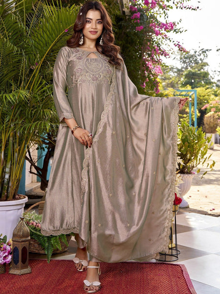 Women's Embroidered Vichitra Straight Kurta With Pant & Dupatta Set