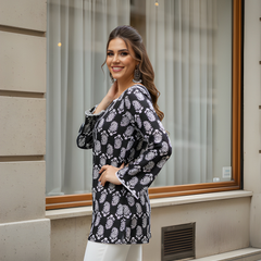 Women’s Black Cotton Printed Straight Short Kurti Tunic