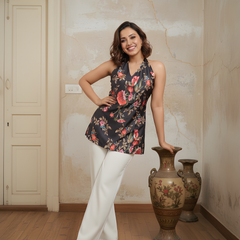 Women’s Black Heavy Crepe Printed Fancy Tunic Top