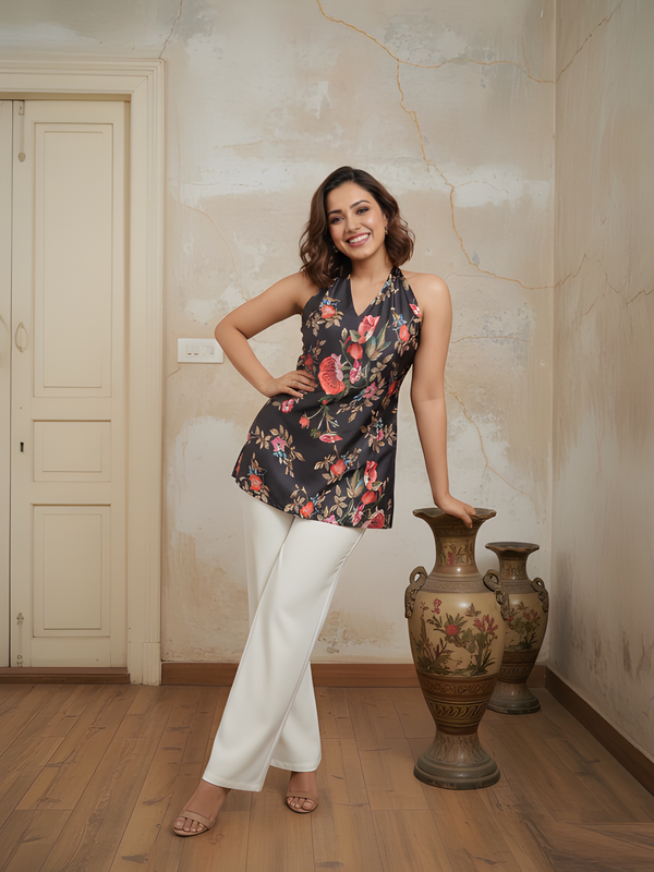 Women’s Black Heavy Crepe Printed Fancy Tunic Top