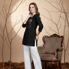 Black Casual Rayon Handwork Tunic Top for Women