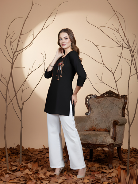 Black Casual Rayon Handwork Tunic Top for Women