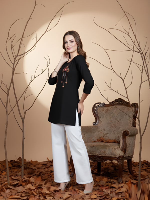 Black Casual Rayon Handwork Tunic Top for Women